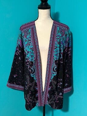 Bob Mackie Wearable Art 2X Open Front Purple Teal Print Cardigan Sweater